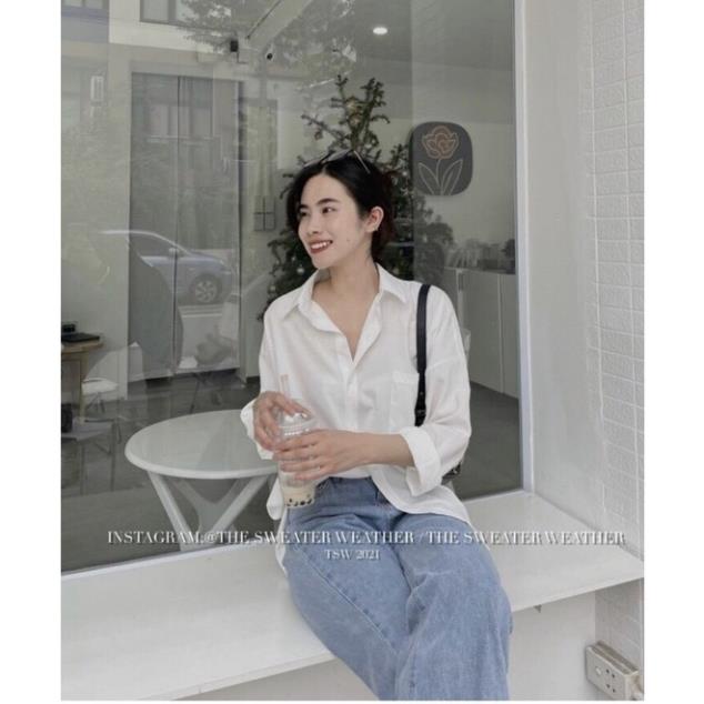 Áo sơ mi trắng 1 túi ngực cổ bẻ basic form rộng - Sơ mi nữ trắng dài tay