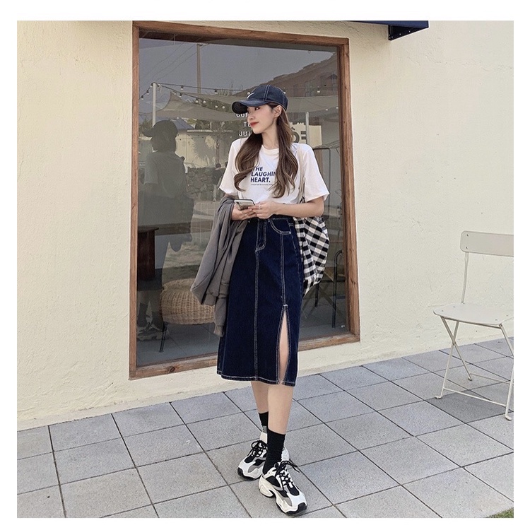 chân váy jean/ denim A-line xẻ tà SẴN