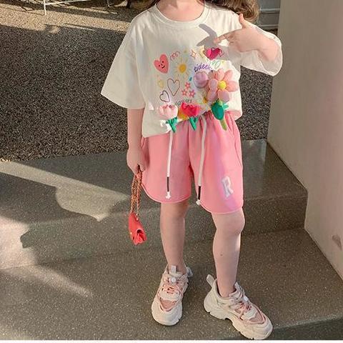 Set Áo Thun Ngắn Tay + Quần Short In Hoa Mới Cho Bé Gái
