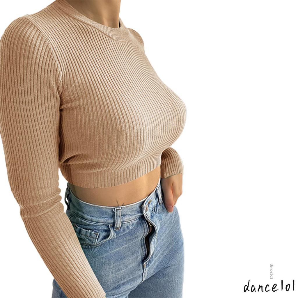 Áo Dệt Kim Nữ Tay Dài Cổ Tròn Hở Lưng Màu Sắc Trơn 1O1