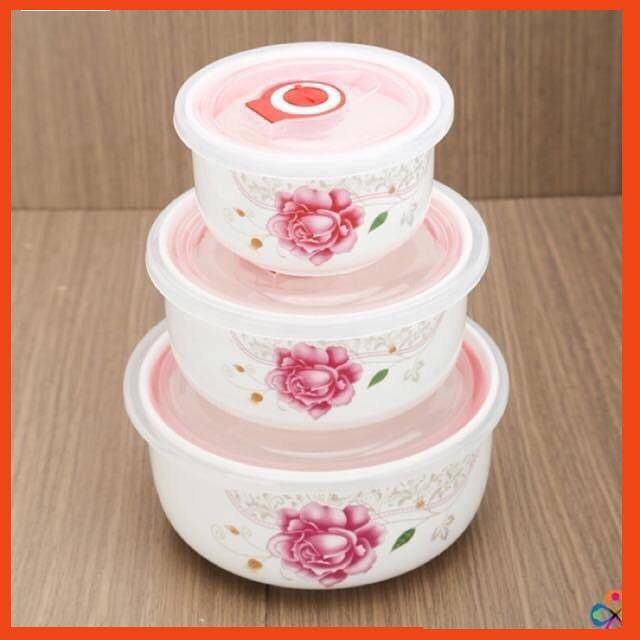 Bộ ba bát thố canh tô cơm sứ có nắp hút chân không, quai cầm để lò vi sóng, tủ lạnh chịu nhiệt cao
