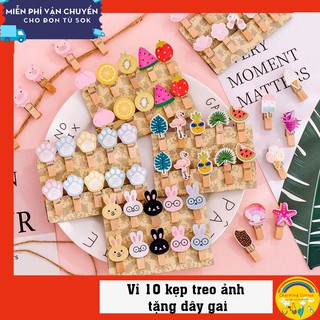 Vỉ 10 kẹp gỗ treo ảnh theo chủ đề xinh xắn tặng kèm dây gai