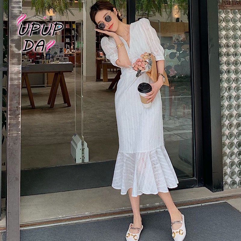 Đầm Đuôi Cá Cổ Chữ V Màu Trắng Phong Cách Hàn Quốc Size S-XL Thời Trang Mùa Hè Cho Nữ