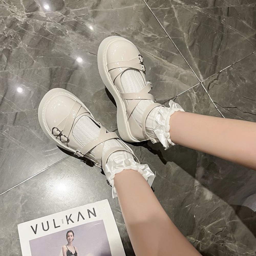 Giày MWC 2272 - Giày Lolita Da Bóng Đế Cao, Giày Mary Jane Ulzzang Mũi Tròn 5cm Phối Khóa Nữ Tính