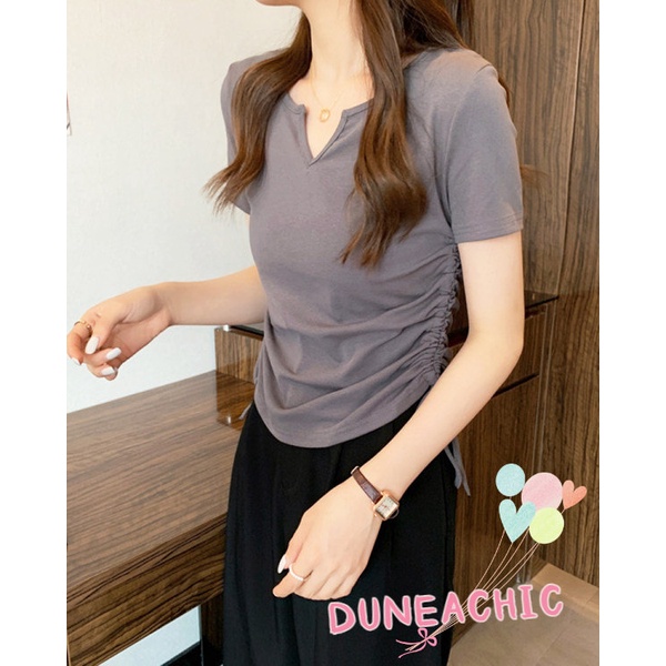 DUNEA Áo thun tay ngắn cổ chữ V phối dây rút thời trang cho nữ