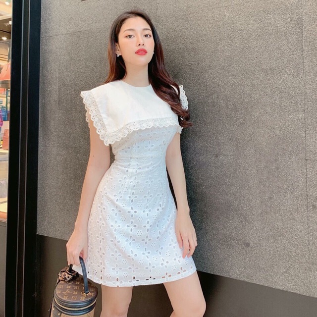 Đầm trắng cổ thủy thủ viền ren