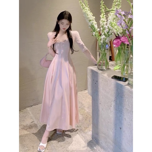 Đầm thun dáng dài có tay màu hồng nude viền ngược cách điệu phong cách tối giản Hàn Quốc