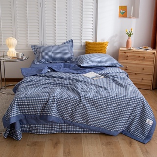 Bộ chăn ga gối cotton đũi M2T BEDDING phong cách Hàn Quốc chăn chần bông hè mỏng mát - Đũi kẻ chăn chần caro xanh dương