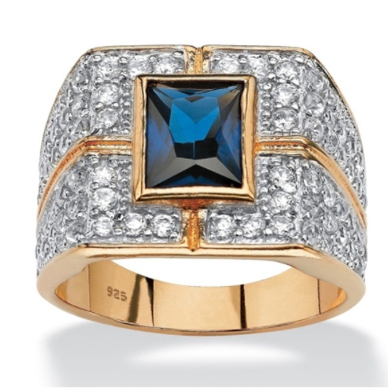 Nhẫn đeo tay màu vàng đính đá Sapphire xanh dương thời trang dành cho nam giới