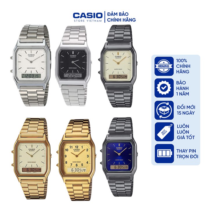 Đồng hồ Unisex Casio AQ-230, đồng hồ chính hãng, mặt kim kết hợp điện tử, xem 2 múi giờ