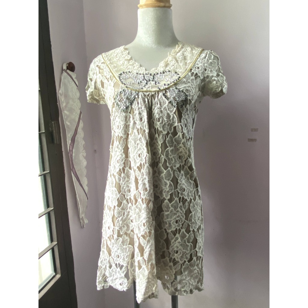 THANH LÝ - Đầm suông xòe ren nude/ Đầm hạ eo phong cách Hàn Quốc dễ thương