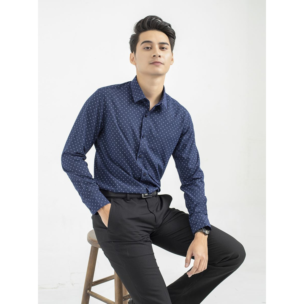 ARISTINO - Áo sơ mi dài tay Aristino ALS17409 dáng Slim fit màu xanh tím than in lá trắng