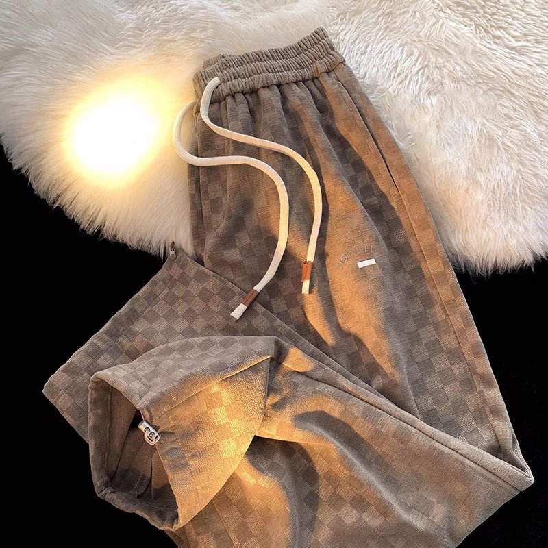 Quần thể thao nam dài thời trang Hàn Quốc nữ kẻ sọc Quần ống rộng Unisex Quần ống rộng quần ống rộng nữ cạp cao
