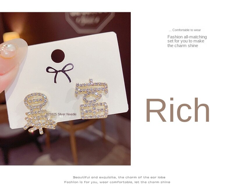 Bông Tai Mạ Bạc 925 Hình Chữ Đính Đá Phong Cách Hàn Quốc