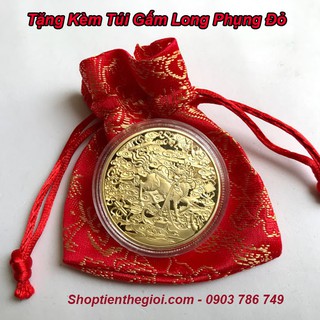 [TẾT 2021] Đồng Xu Vàng Hình Kỳ Lân  Tặng Kèm Túi Gấm Long Phụng - TMT Collection