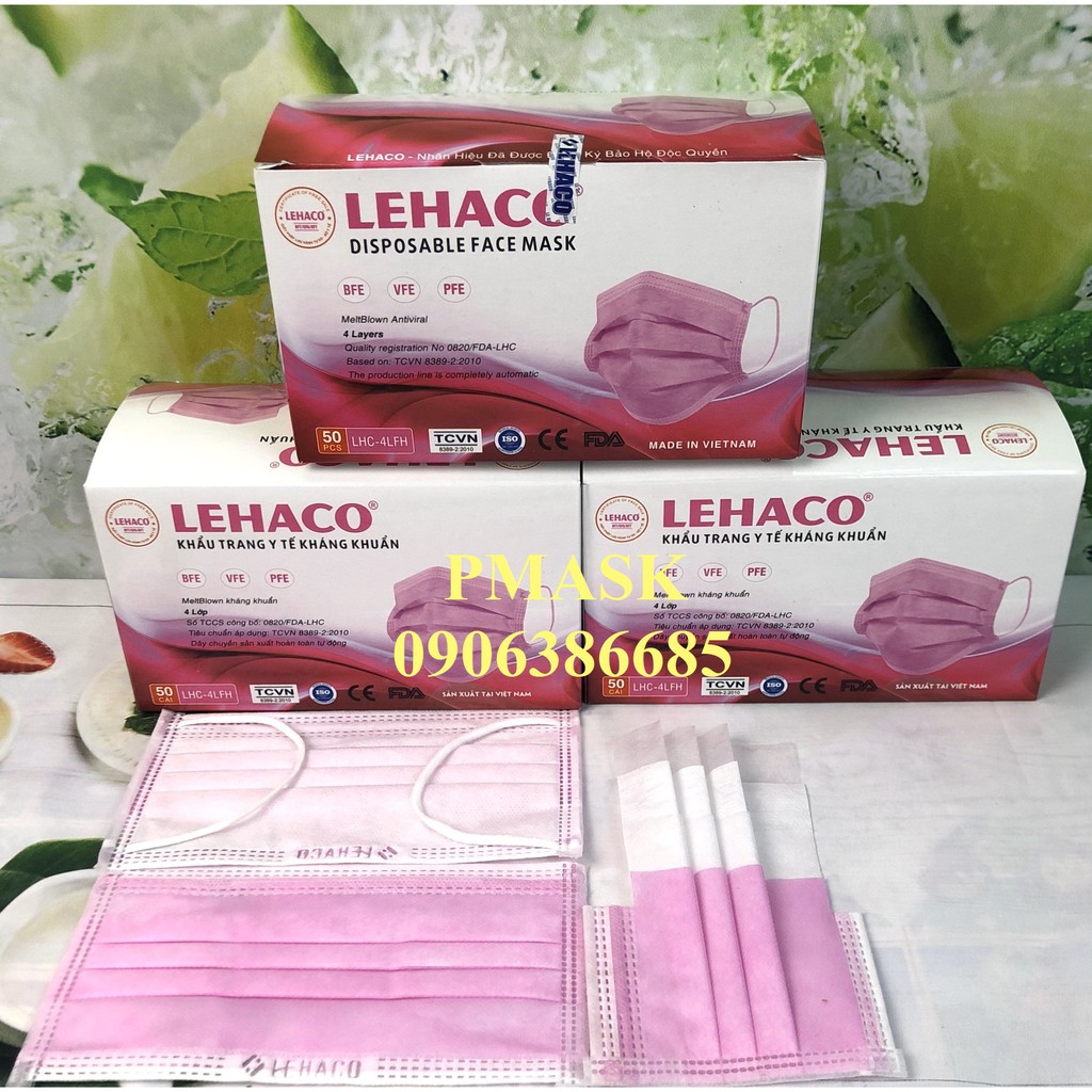 khẩu trang Y tế Hồng 4 lớp kháng khuẩn hộp 50 cái - Chính hãng Lehaco