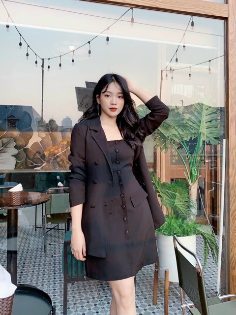 SET ĐẦM NÚT BỌC KHOÁC ĐEN - NÂU