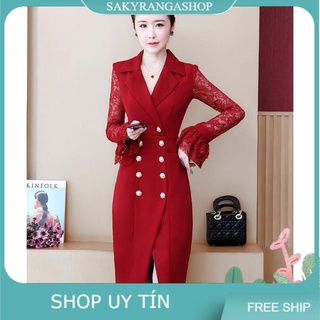 Đầm ôm cổ vest tay loe phối nút