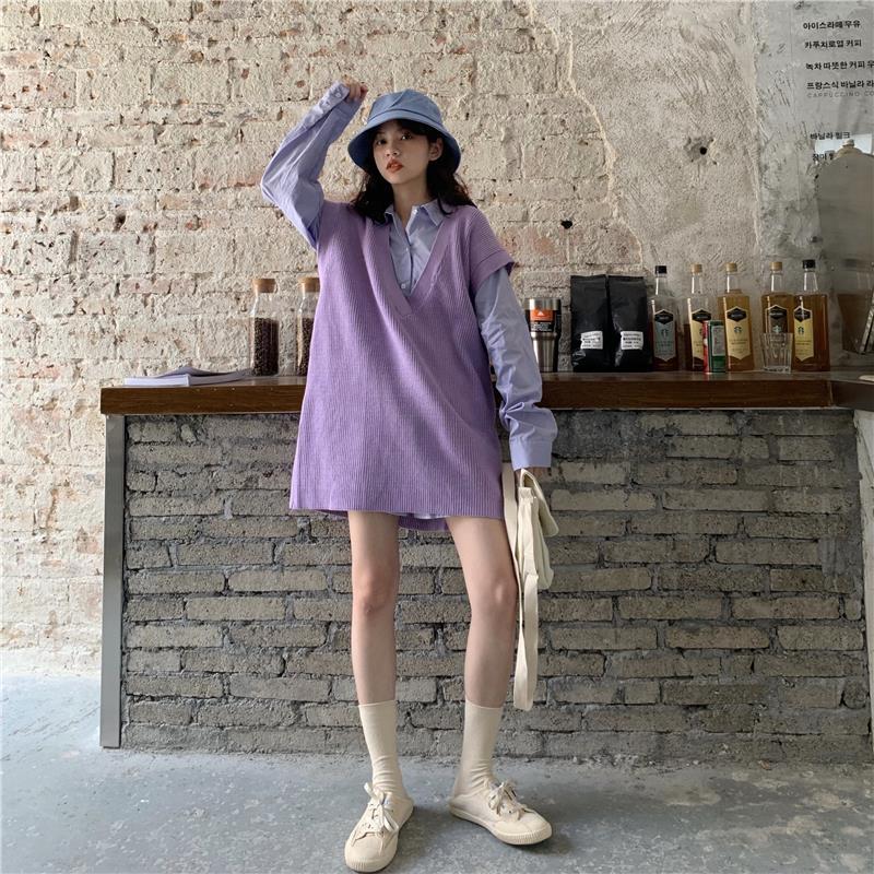 Set Áo Thun Dài Tay Form Rộng Và Áo Khoác Len Không Tay Thời Trang Dành Cho Nữ