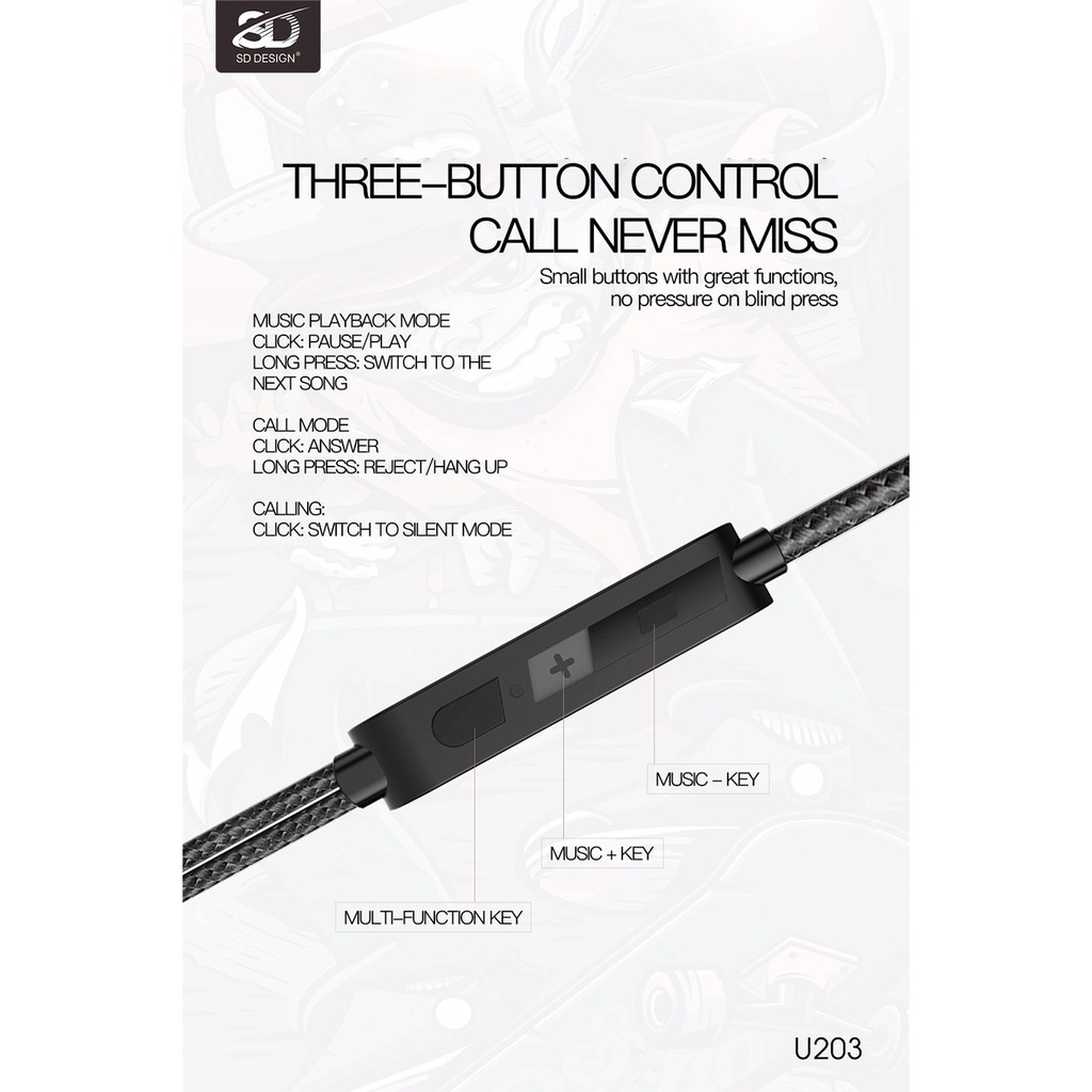 Tai nghe nhét tai SD - U203 nghe hay có mic đàm thoại, dây dài 1.2m - Chính hãng