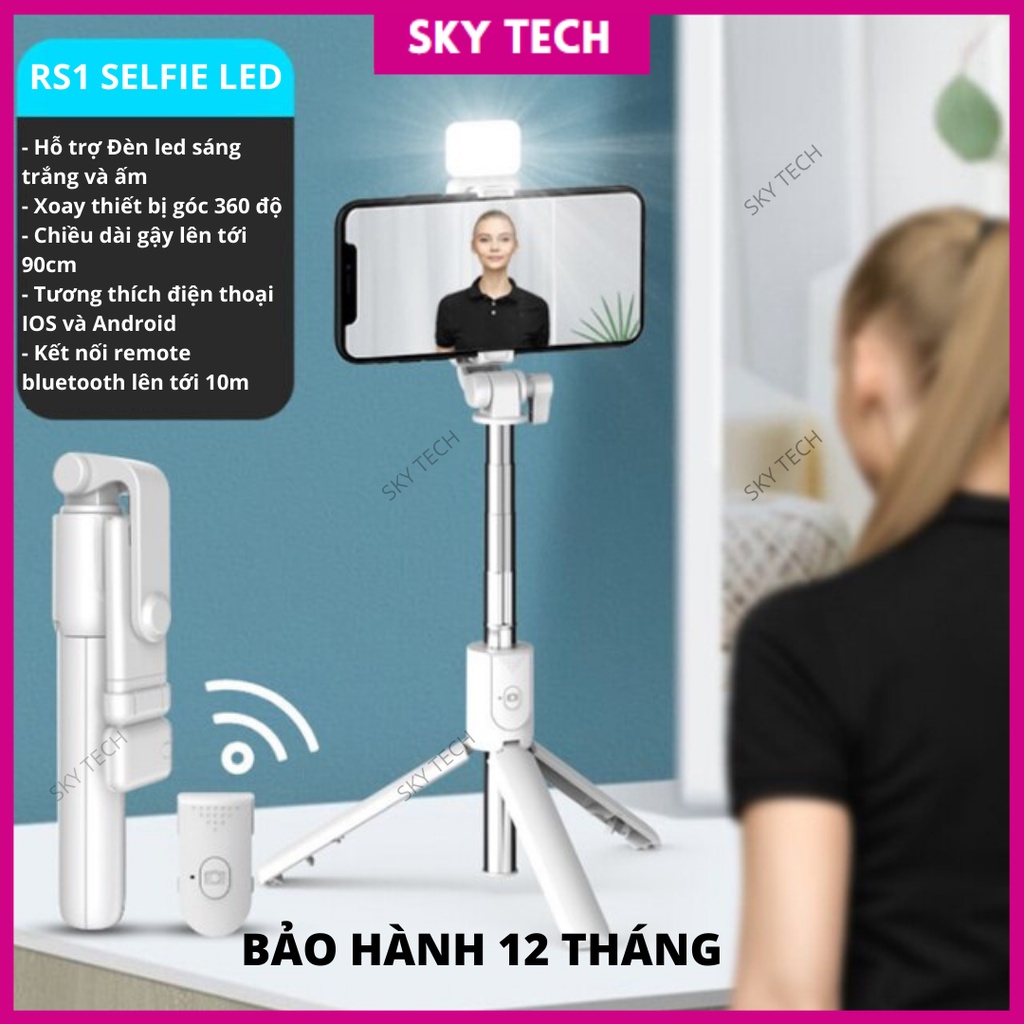 Gậy chụp ảnh 3 chân có đèn led trợ sáng RS1 PRO Gậy tự sướng selfie chụp hình điều khiển từ xa xoay góc 360 độ