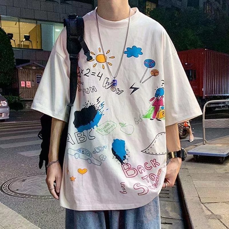 Áo Thun Tay Ngắn Cổ Tròn In Họa Tiết Graffiti Phong Cách Hàn Quốc Thời Trang Mùa Hè Cho Nam Size M-5XL