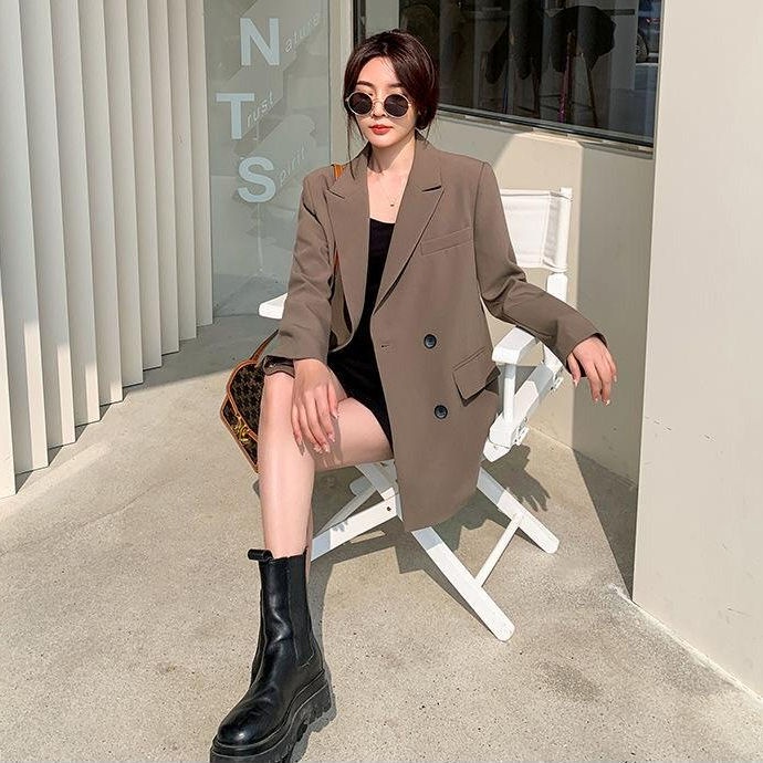 Áo Khoác Blazer Dáng Rộng Màu Cà Phê Thời Trang Hàn Quốc Chất Lượng Cao Cho Nữ Plus Size