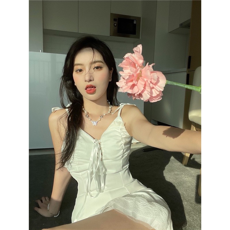 SẴN HÀNG🎀Đầm trắng hai dây ôm body trắng thắt nơ ngực đuôi cá phối ren dễ thương| Váy bánh bèo ulzzang có mút ngực | BigBuy360 - bigbuy360.vn