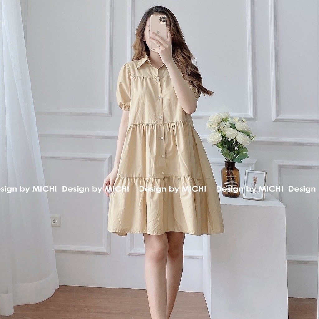 Váy suông cổ somi dáng babydoll tầng, đầm suông rộng freesize, 3 màu Nâu - Trắng - Be, mã V185 - Michi's House