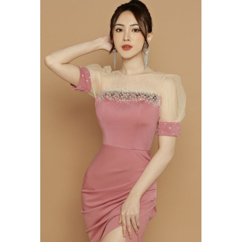 Đầm dạ hội đính ngọc phối lưới cao cấp  tặng hoa tai