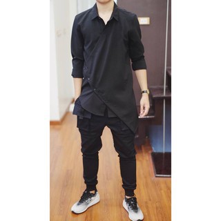 [LINGSHINSTORE] Áo sơ mi Vạt Chéo Longtee màu đen Mẫu Mới Nhất 2018