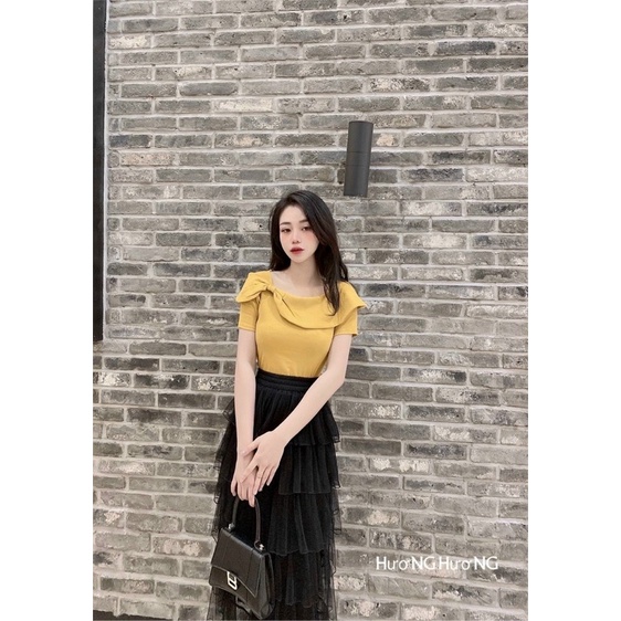Áo kiểu cổ nơ lệch ngắn tay, Áo thun kiểu dáng ôm co giãn CS6262 - NhiNhi Shop