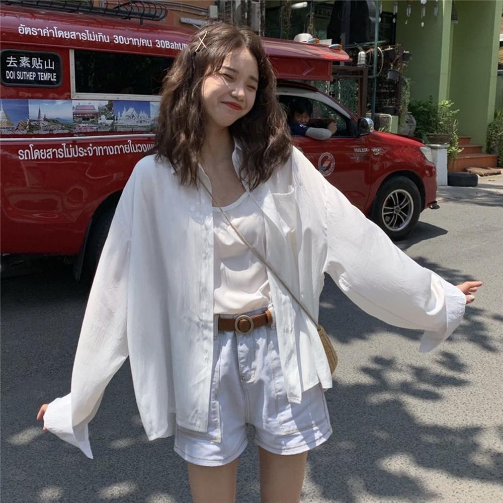 Áo Sơ Mi Chống Nắng Dáng Rộng Ngắn Lưng Đơn Giản 50248