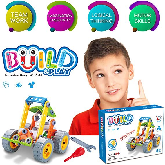 Đồ chơi phát triển kỹ năng Stem - Build&amp;Play - lắp ghép mô hình xe nâng 84 chi tiết Toyshouse J-7703