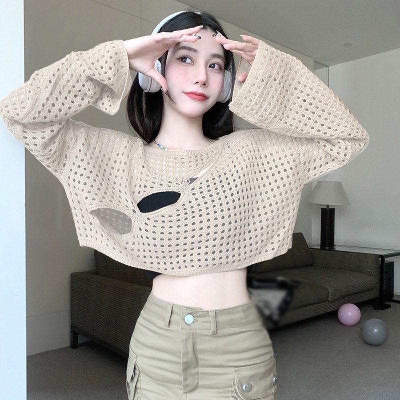 Áo Lưới Crop Top Cổ Tròn Xuyên Thấu Gợi Cảm Cho Nữ