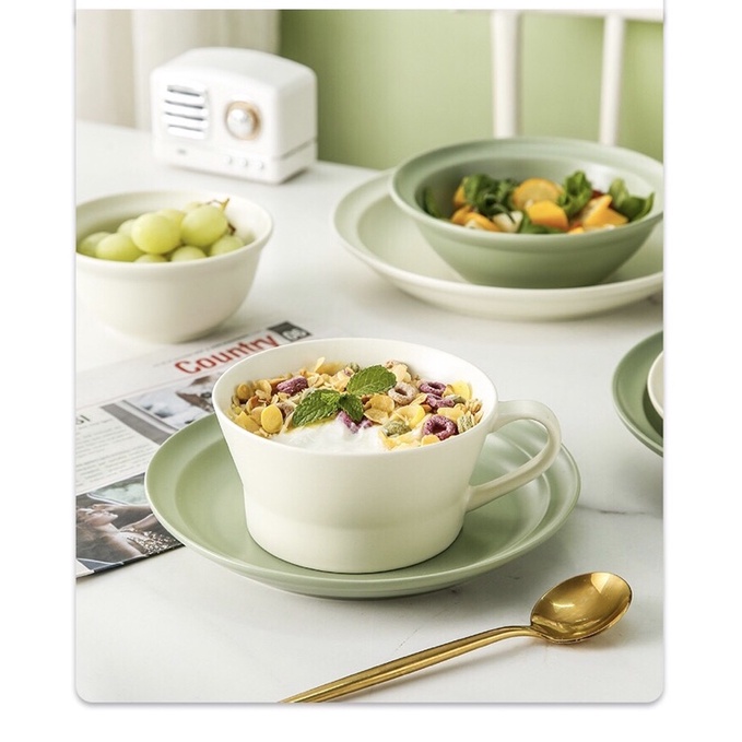 Bộ bát đĩa xanh bơ mix trắng kem phong các Hàn Quốc- gốm morandi cao cấp