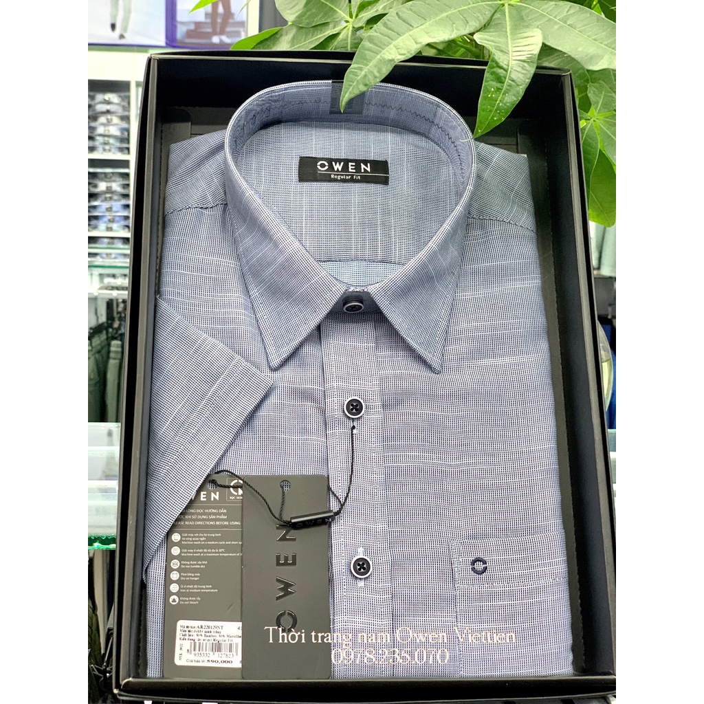 OWEN - Áo sơ mi ngắn tay Dobby xanh trắng sợi Bamboo dáng Regular Fit