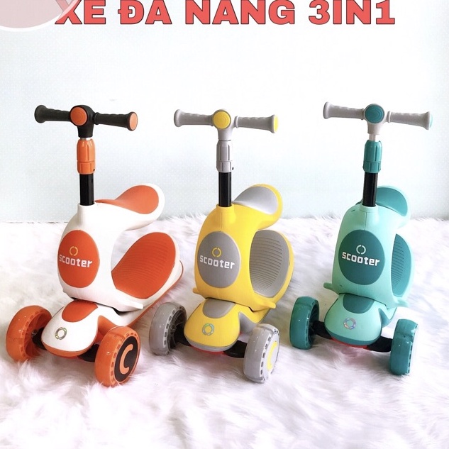 Xe Scooter, Xe Trượt Cho Bé Bánh Có Đèn ,Có Nhạc, có ghế 3 in 1 Chịu Lực 90KG