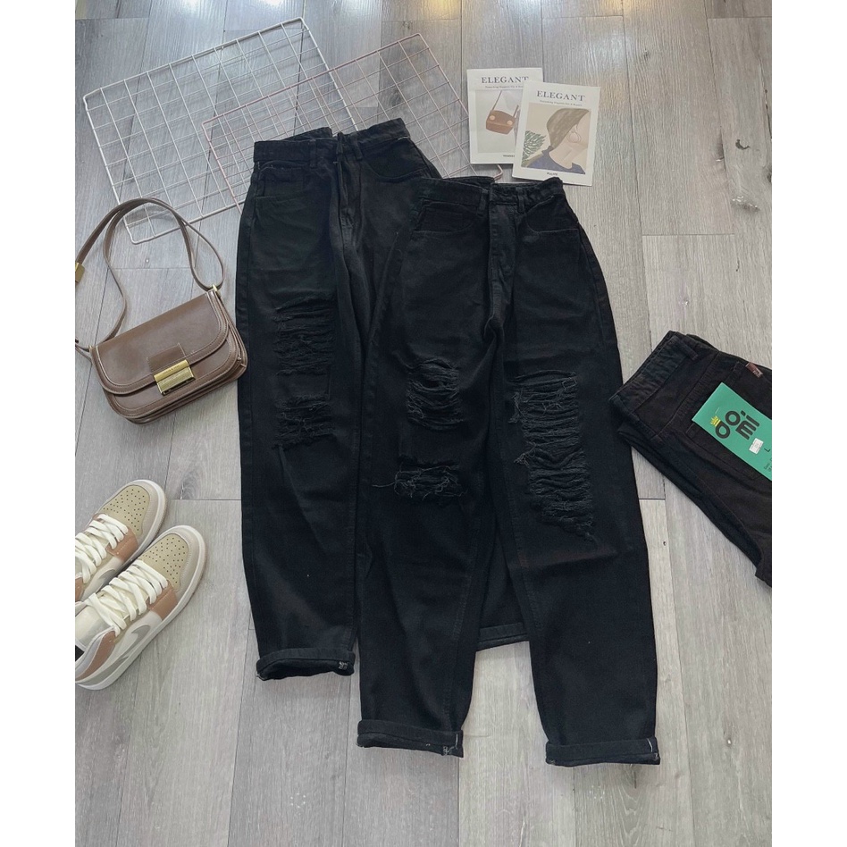 Quần bò nữ, Quần Baggy jean nữ lưng cao rách kiểu phong cách, Cạp quần cao vải không co dãn