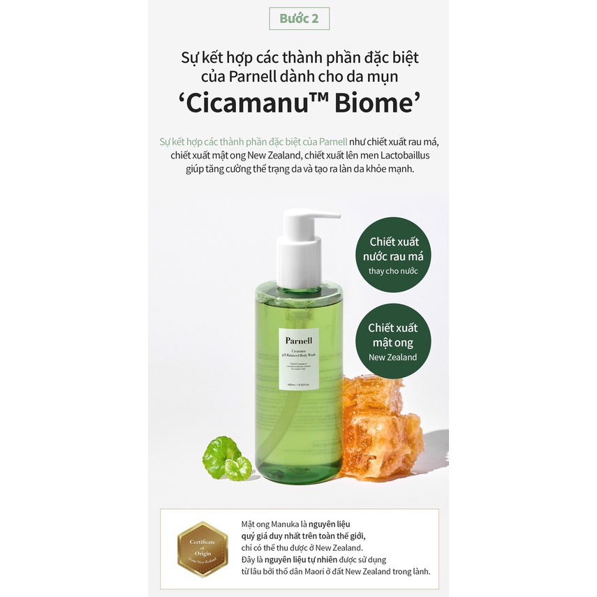 PARNELL Sữa tắm giảm mụn cơ thể Cicamanu độ pH thấp 400ml