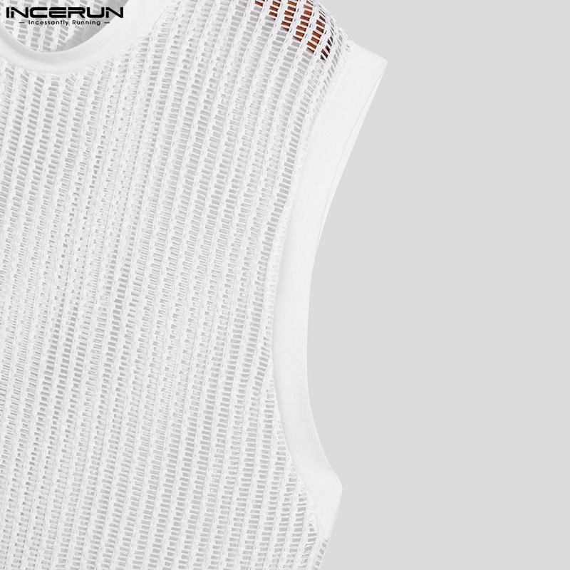Áo tank top INCERUN màu trắng thiết kế xuyên thấu thoáng khí thời trang cho nam