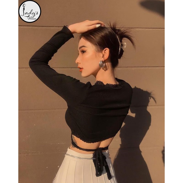 Áo Croptop Viền Ren Tay Dài Cột Dây Eo Siêu Xinh Cổ Chữ V Form Ôm Chất Thun Phối Ren "CROPTOP VIỀN REN" | BigBuy360 - bigbuy360.vn