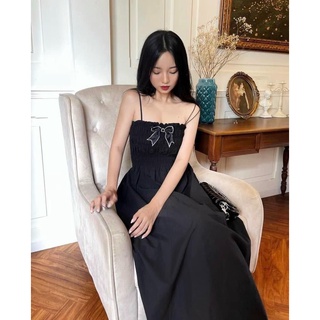 ĐẦM MAXI ĐEN NHÚN PHỐI NƠ 2 DÂY