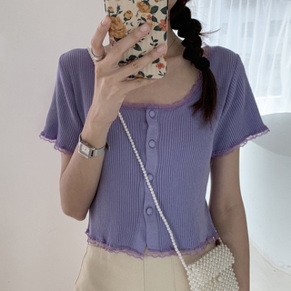 Áo len găn tăm nữ mỏng phối ren cổ vuông cài cúc dáng ngắn mùa hè đẹp trẻ trung xinh xắn dễ thương