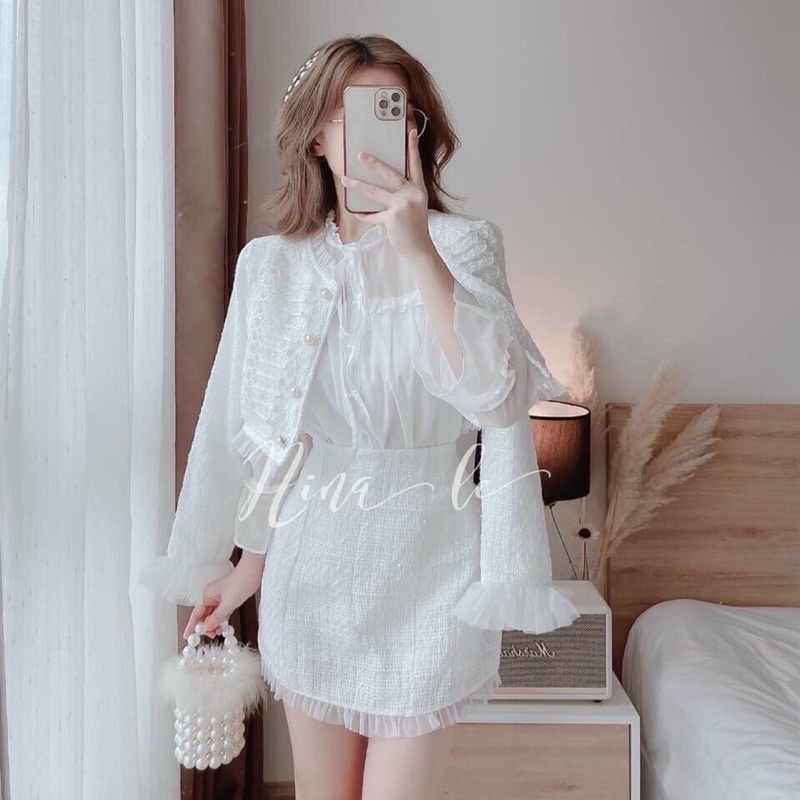 SET 3 MÓN BỐ: KHOÁC NGOÀI VIỀN CỔ TAY VOAN+ SƠ MI TRẮNG CỔ BÈO + CHÂN VÁY ✨