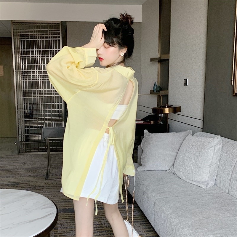 Áo sơ mi trắng oversize voan mỏng tay dài hở xẻ lưng dây cột trơn - Order taobao quảng châu