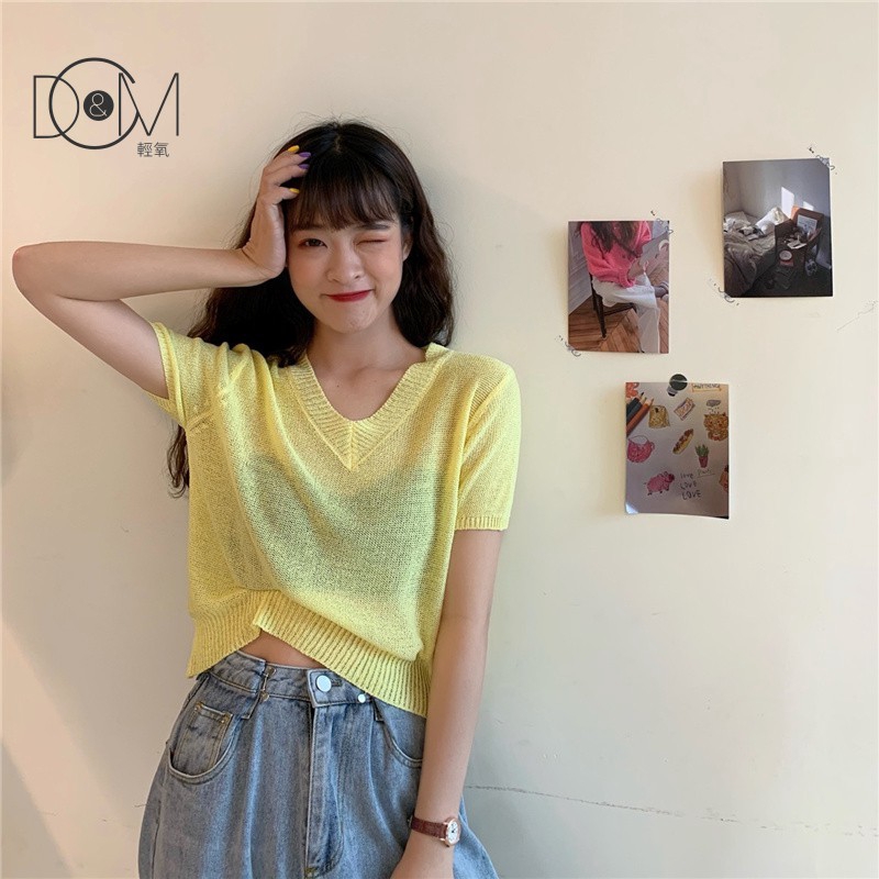 Áo Len Tay Ngắn Cổ Chữ V Màu Trơn Phong Cách Hàn Quốc | BigBuy360 - bigbuy360.vn