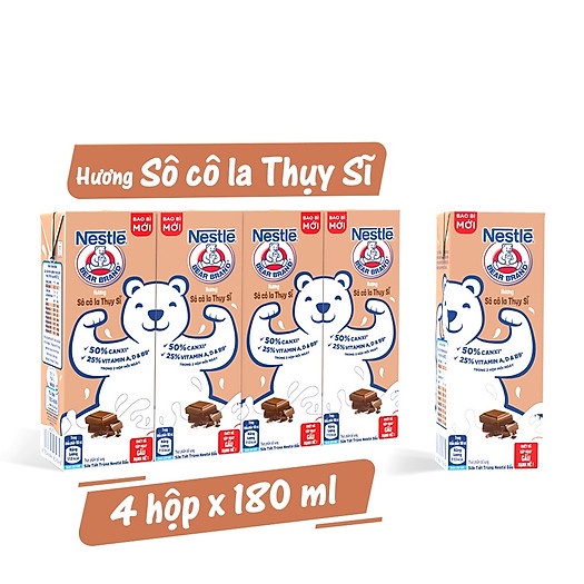 Lốc hộp Sữa Nestle Gấu Thụy Sĩ 180ml (đủ vị: Có đường, ít đường, Sô cô la)