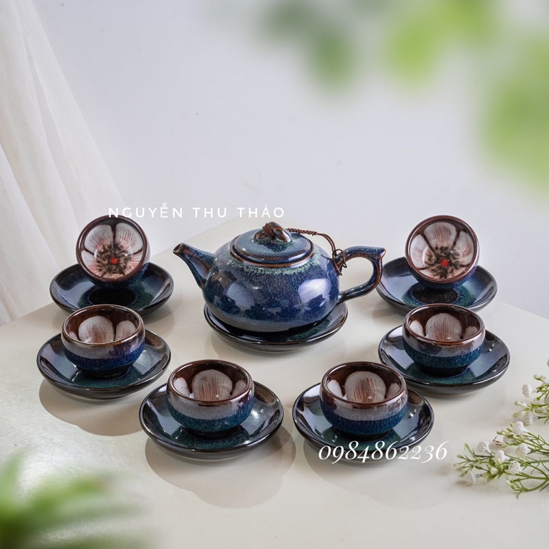 Bộ ấm chén men hoả biến lam đậm Bát Tràng