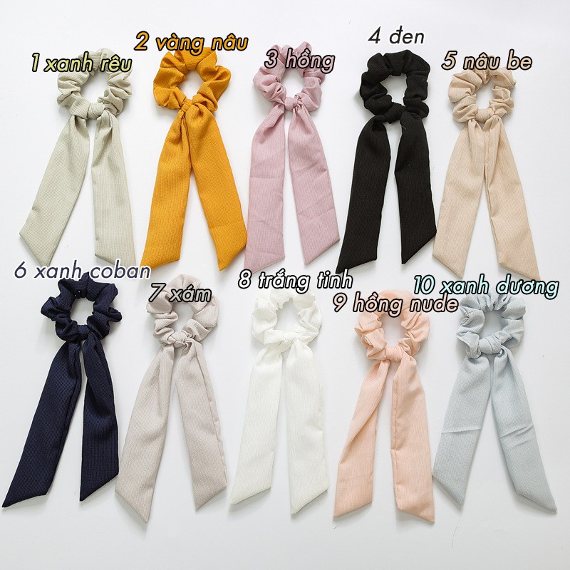 Dây Cột Tóc Scrunchie Đính Nơ Dài Vải Voan Trơn Nhiều Màu Thanh Lịch Ulzzang HOT TREND